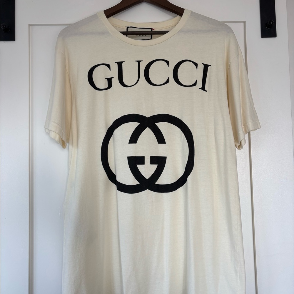 Gucci Ivory Oversized Short Sleeve Tee with Black Logo